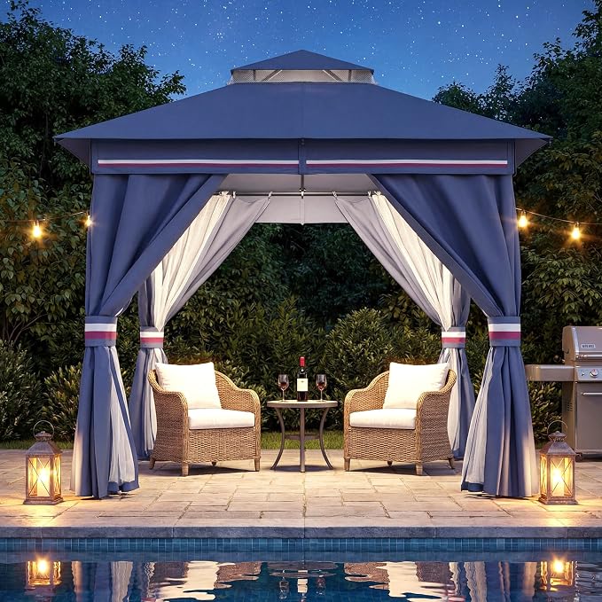 8'x8' Outdoor Gazebo with 50FT String Lights, Metal Heavy Duty Patio Canopy by LAUSAINTHOME