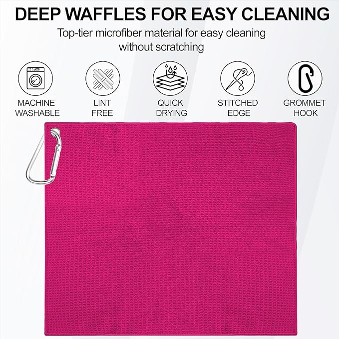 3 Pack Golf Towels, 16" x 16" Premium Microfiber Waffle-Pattern Golf Towel with Aluminum Carabiner Clip - Contains Golf Towels in 3 Colors of Pick, Purple and Cyan for Women's Golf Club Bag