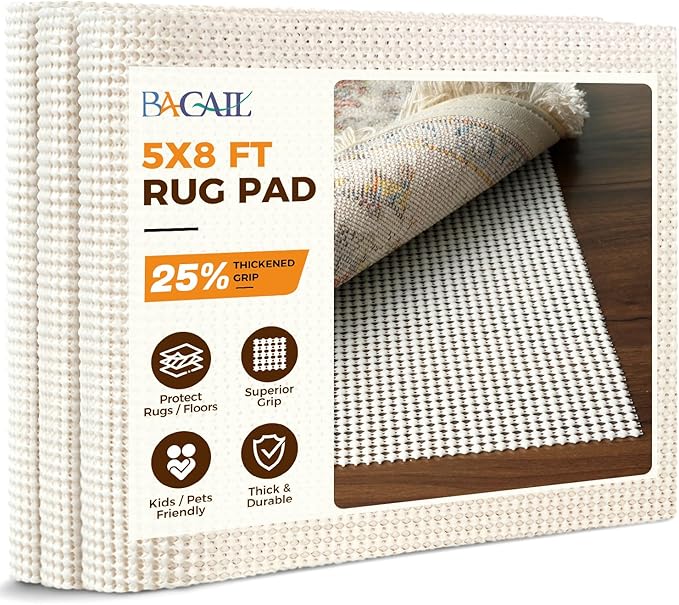 BAGAIL BASICS 5 x 8 FT Rug Pad Gripper for Hardwood Floors, Non Slip Rug Pads for Area Rugs, Extra Thick Under Rug Padding, Protect Your Rugs & Floors