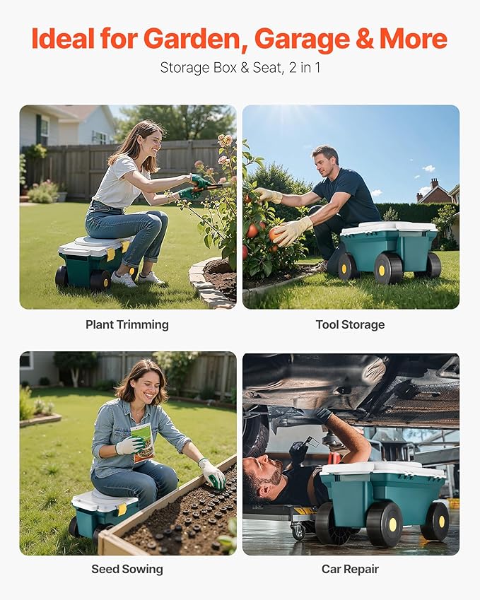 VEVOR Small Garden Seat, 2 in 1 Rolling Garden Cart - Image 6