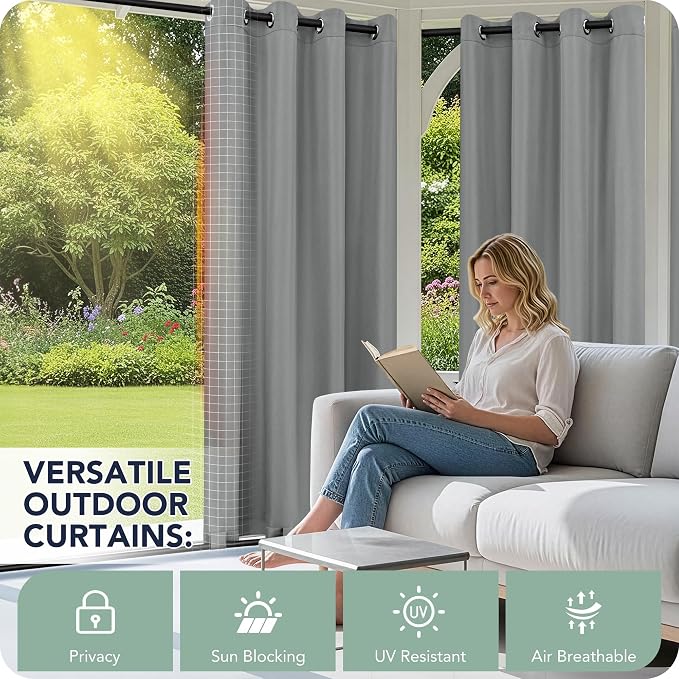 Outdoor Curtains for Patio Waterproof 6 Panels, Porch Sun Shade | Weatherproof - Image 3
