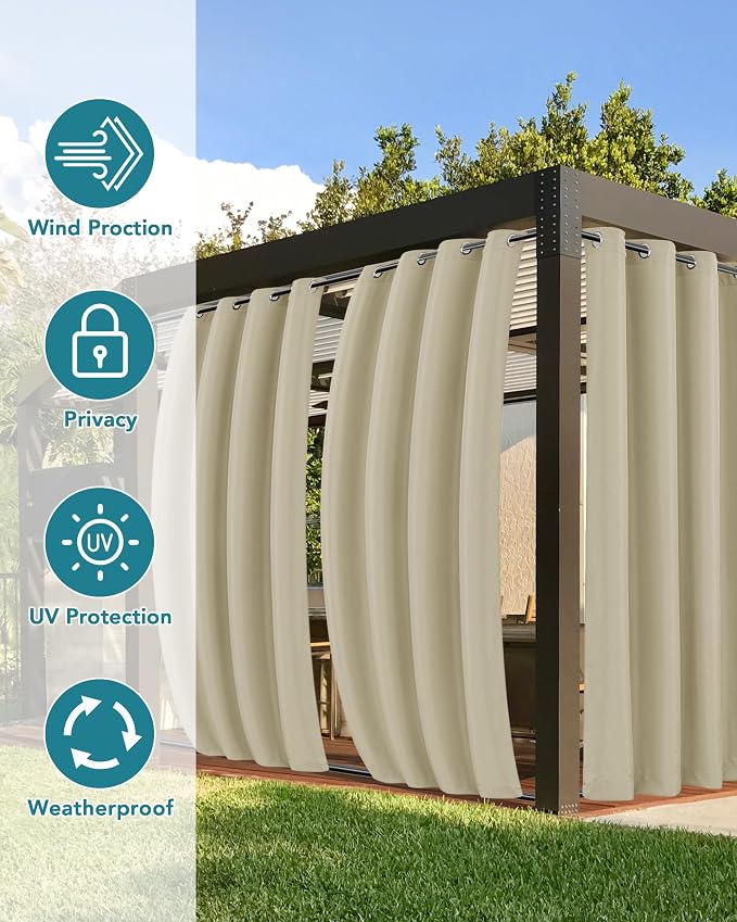 Windproof Outdoor Curtains for Patio Waterproof 4 Pcs 110x84 In Cream | Grommet - Image 3