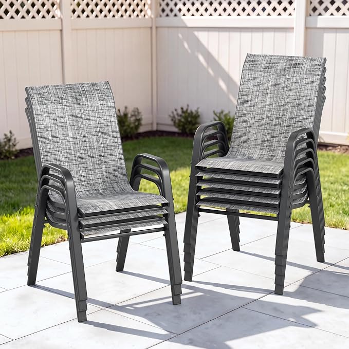 Outdoor Patio Chairs Set of 8 Stackable Dining Chairs All-Weather Textilene by CHINNLUU