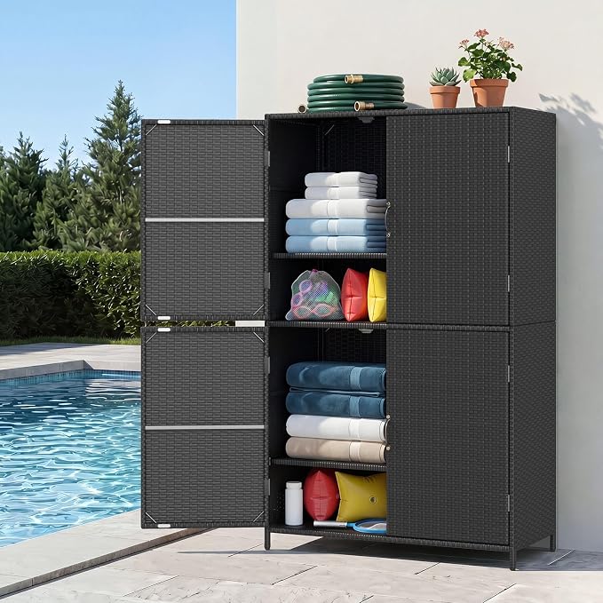 Tangkula Rattan Outdoor Storage Cabinet, Patiojoy Outdoor Cabinet - Image 8