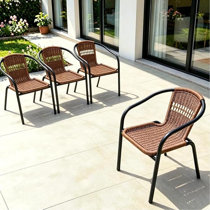 4 Pack Brown Stackable Outdoor Rattan Chairs, All-Weather Patio Seating - Image 3