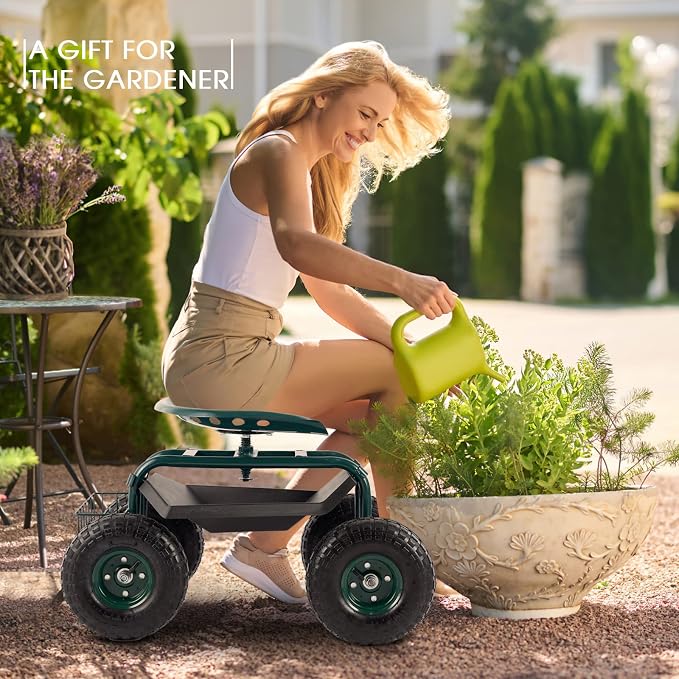 Garden Cart with Workseat Outdoor Gardening Carts with Seat, Heavy Duty Rolling - Image 3