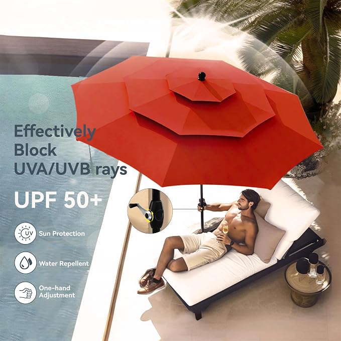 PHI VILLA 10ft Outdoor Patio Umbrellas, 3 Tier Vented Table Umbrella Red | - Image 3