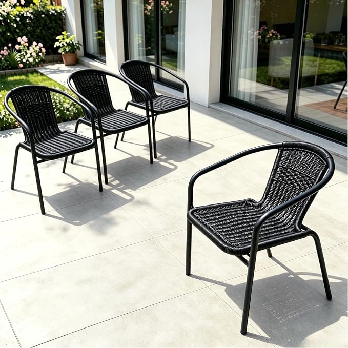 4 Pack Black Stackable Outdoor Rattan Chairs, All-Weather Patio Seating - Image 3