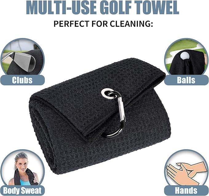 Mile High Life Tri-fold Golf Towel | 16" X 24" | Premium Microfiber Fabric | Waffle Pattern | with Heavy Duty Carabiner Clip | for Men and Women (2 Pack Black)