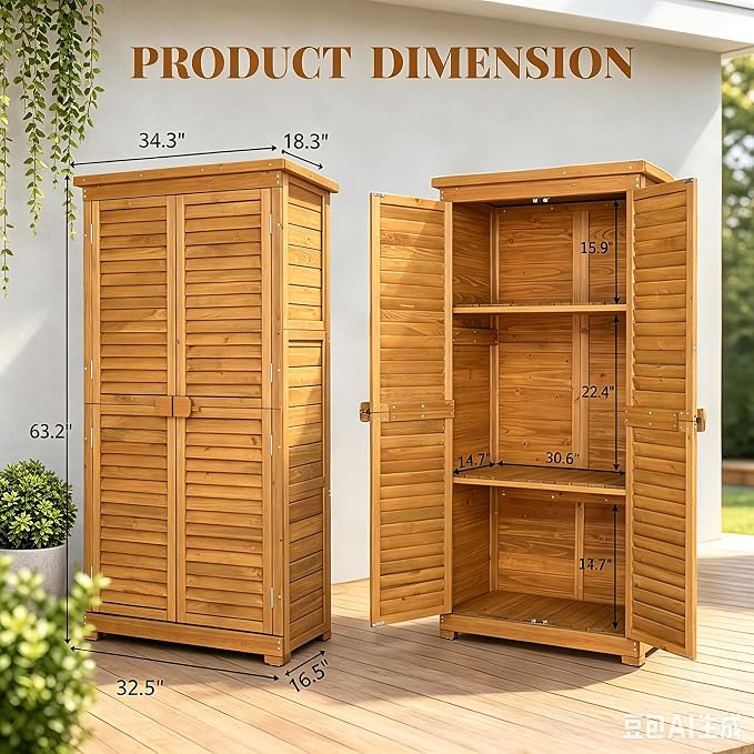 Outvita Outdoor Storage Cabinet, 63in Wooden Garden Tools Shed, Natural | 2 - Image 6