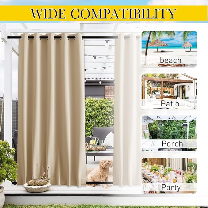 NICETOWN Outdoor Curtains for Patio Waterproof W66xL90 Biscotti Beige | - Image 7