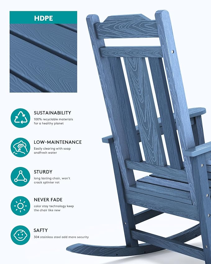 SERWALL Outdoor Rocking Chairs Set of 2, Oversized Patio Rocker Unique Blue | - Image 6