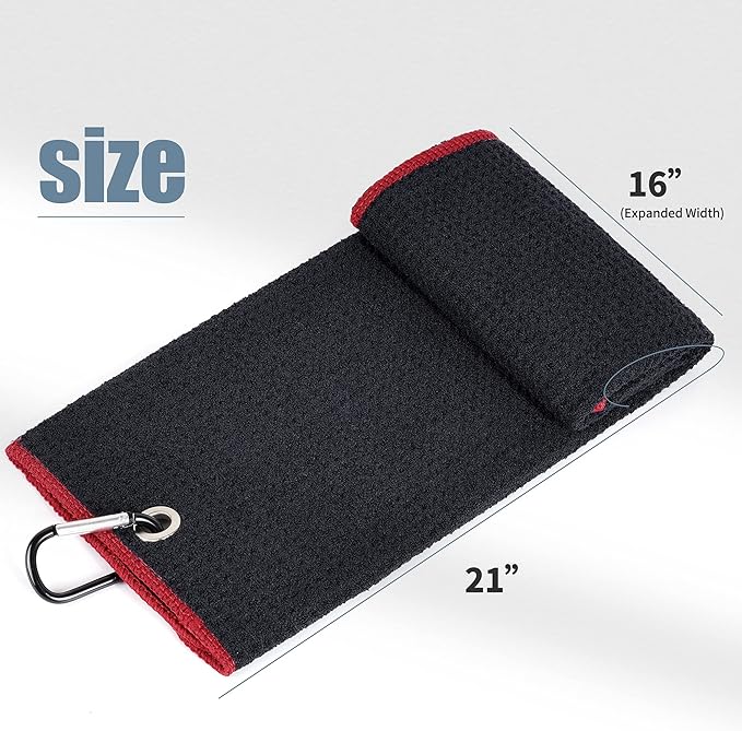 Mile High Life Tri-fold Golf Towel | 16" X 24" | Premium Microfiber Fabric | Waffle Pattern | w Heavy Duty Carabiner Clip | for Men and Women (2 Pack Black/Red)