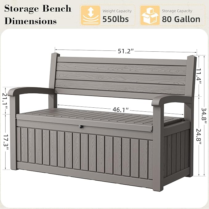 80-Gallon Deck Box Outdoor Storage Bench, Waterproof Outdoor Storage Box - Image 2