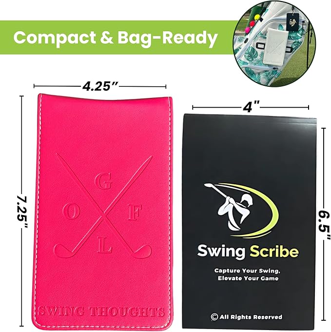 Golf Notebook – Compact Golf Journal with Vegan Leather Cover – Back Pocket Size Golf Log Book for Yardage, Stats, Practice & Course Notes (Pink)