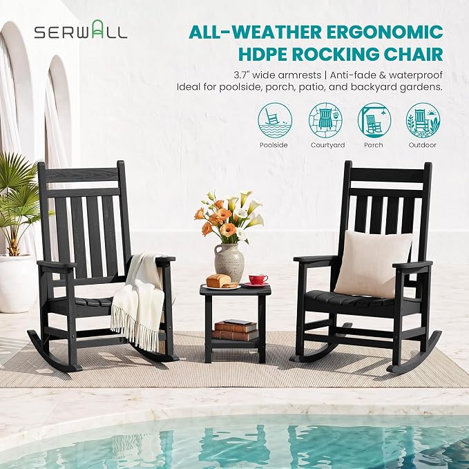 SERWALL Outdoor Rocking Chair Set of 2, Oversized Porch Rocker, Contoured 19.6" - Image 6
