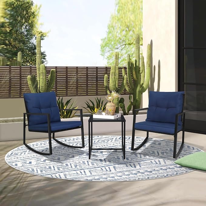SUNCROWN 3 Piece Outdoor Rocking Bistro Set Black Wicker Furniture Porch Chairs - Image 2