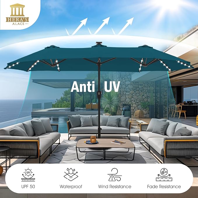 13 ft Patio Umbrella with 120 LED Solar Lights Outdoor Umbrella, Cerulean | - Image 4