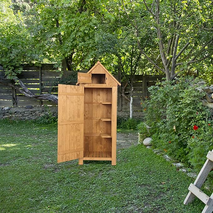 Outvita 70in Outdoor Storage Cabinet, Natural | Wooden Vertical Garden Tools - Image 4