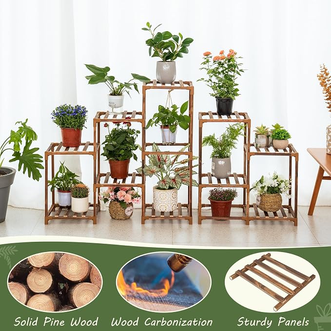 Wood Plant Stand Indoor Outdoor Corner Plant Shelf Stand, 5 Tiered 10 Potted - Image 2