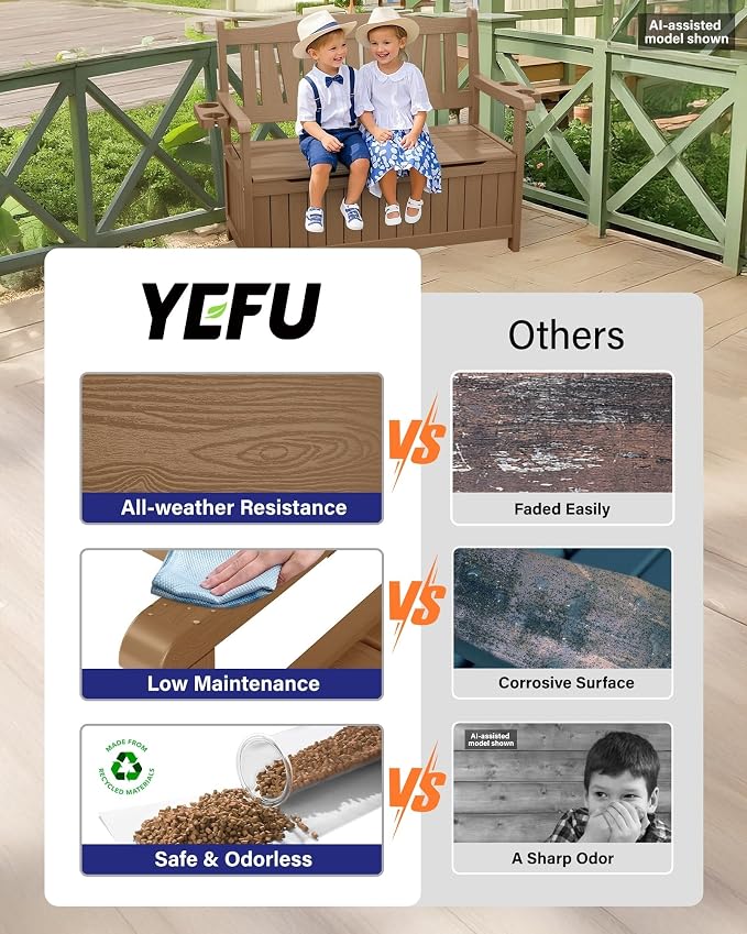 YEFU Outdoor Bench, Heavy Duty Garden Storage Bench, Weatherproof, Teak | HIPS - Image 5
