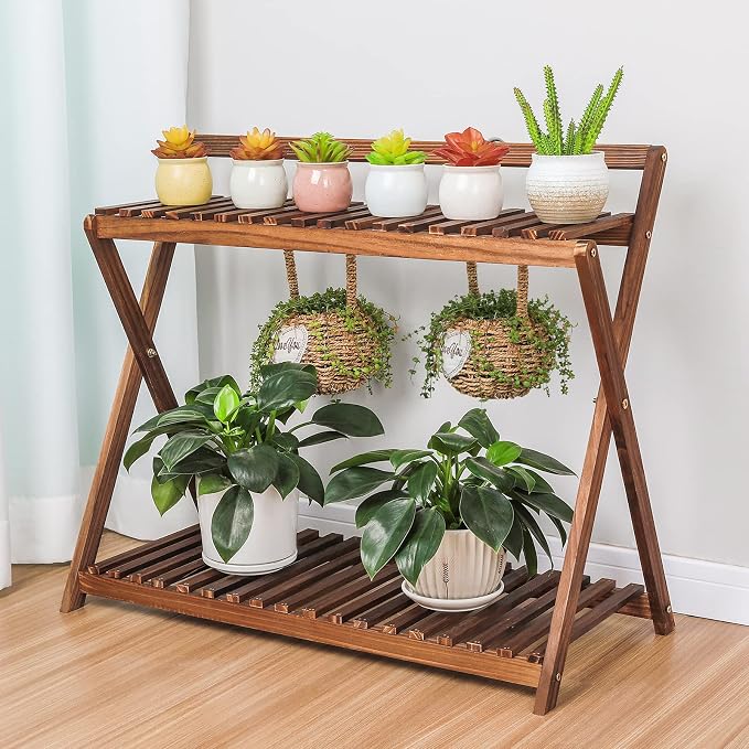 Indoor Plant Stand Shelf for Multiple Plants Hanging 2 Tier Wood | Outdoor - Image 6