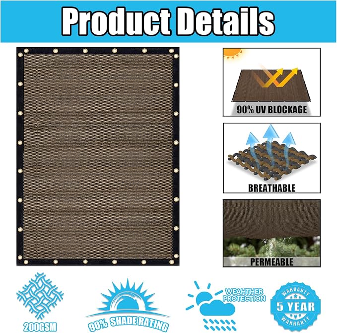 Amagenix 90% Shade Fabric 5'X 13' Mocha Sun Shade Cloth - Image 3