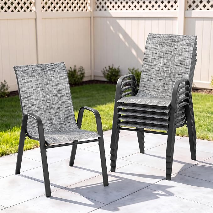 Outdoor Patio Chairs Set of 6 Stackable Dining Chairs All-Weather Textilene by CHINNLUU