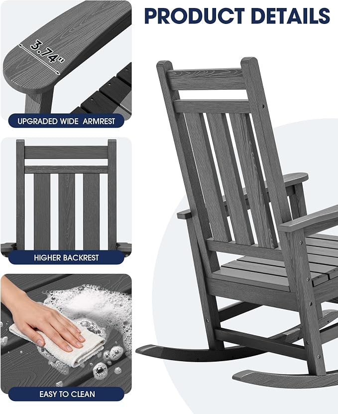Oversized Outdoor Rocking Chair Set of 4, HDPE Patio Rockers - Image 7