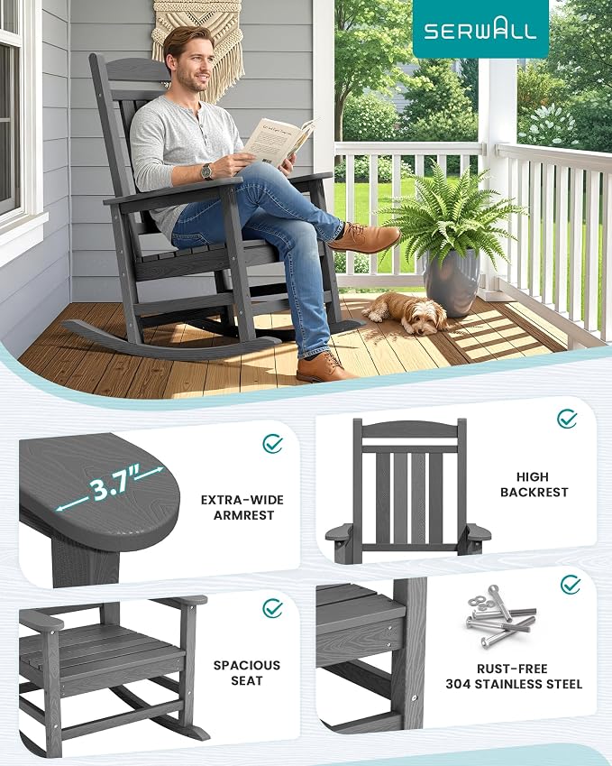 SERWALL Outdoor Rocking Chair Set of 2, Patio Rocking Chair, Porch Rocker - Image 7