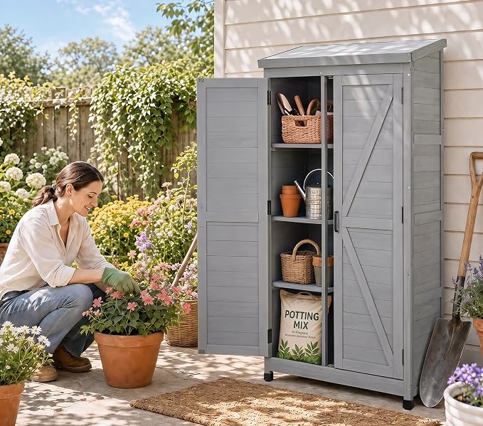 68'' Outdoor Storage Cabinet, Wooden Garden Tool Cabinet - Image 2