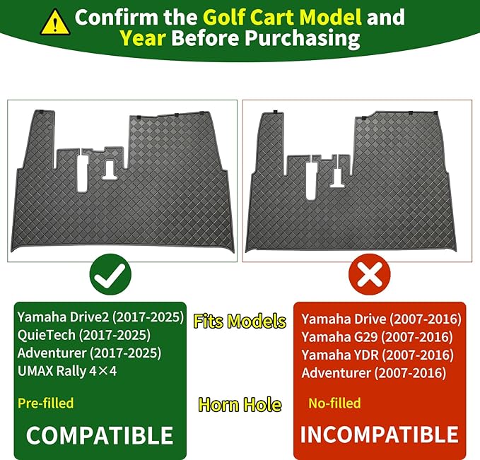 Golf Cart Floor Liner Mat 8mm Thick Rubber Full Coverage Fit for Yamaha Drive2 (2017-2025), QuieTech [2017-2025], Adventurer (2017-Up), UMAX Rally 4x4 Non-Slip Mats Replacement - Black Trim