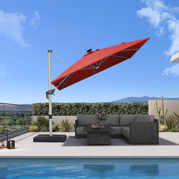 PURPLE LEAF Cantilever Patio Umbrella 9' X 9' Solar LED Light, Brick Red | - Image 6