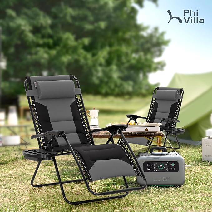 PHI VILLA Padded Zero Gravity Chair Set of 2, Cup Holder, 28in Seat, Supports - Image 2