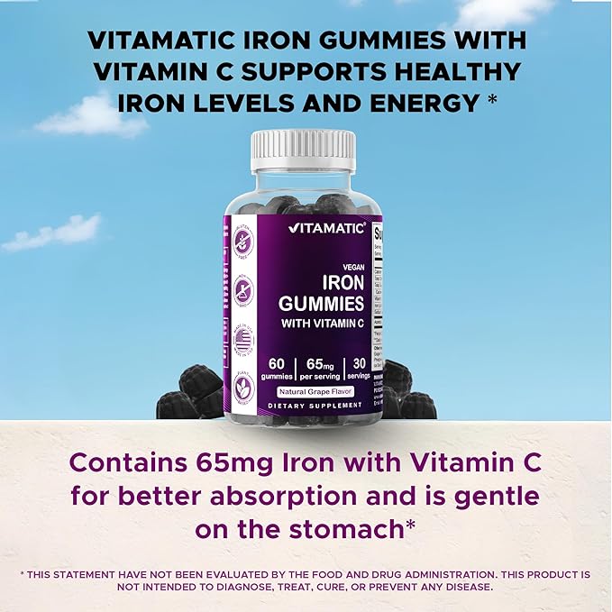Vitamatic Iron 65 mg Gummies Supplement for Women & Men - 60 Vegan Gummies - Great Tasting Iron Gummy Vitamins with Vitamin C (6)