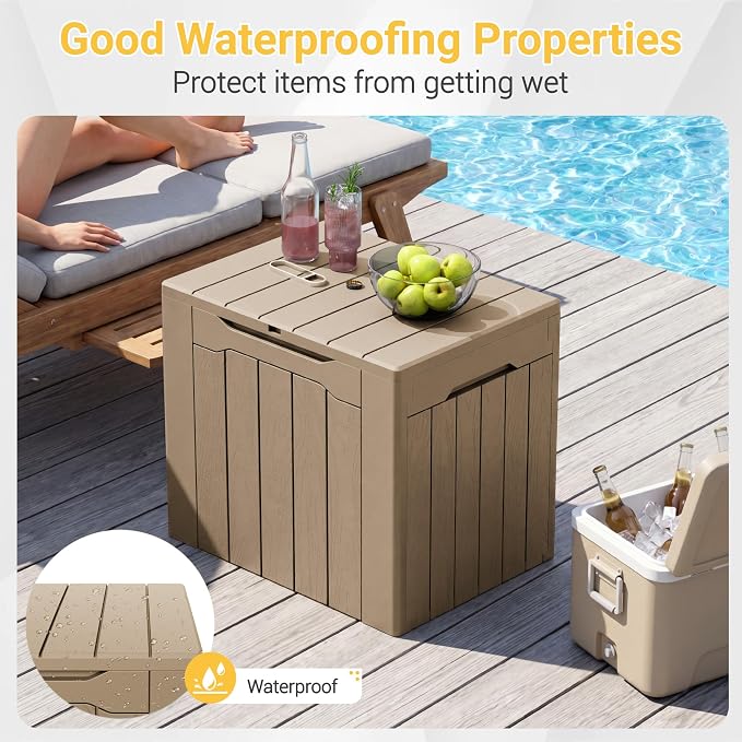 Greesum 33 Gallon Resin Deck Box Weatherproof Storage Box, Light Coffee | - Image 4
