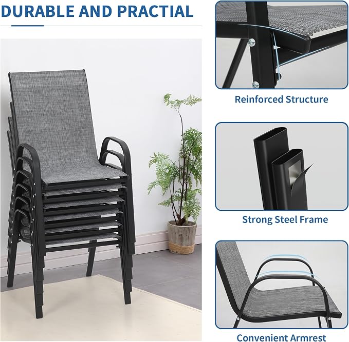 Patio Chairs Set of 6, Outdoor Stackable Dining Chairs | All Weather Textilene - Image 7