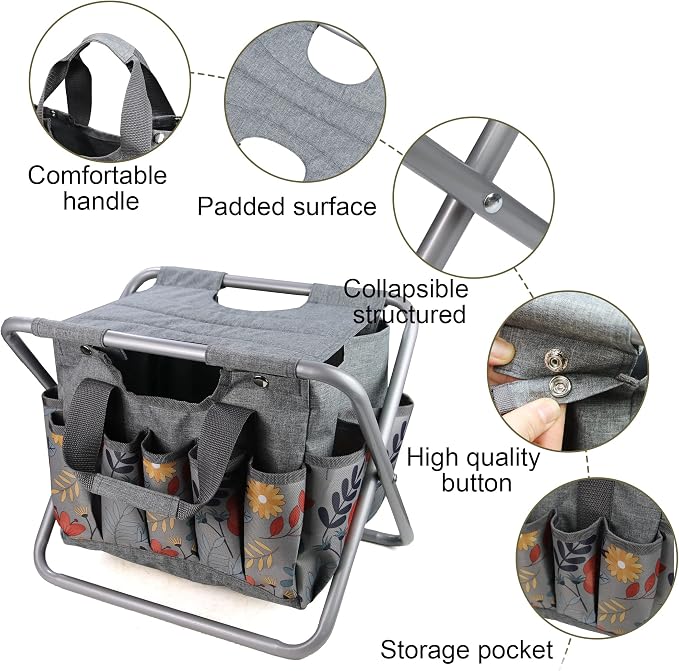 Folding Gardening Stool with Detachable Storage Tote Bag, Gardening Tools Set - Image 4