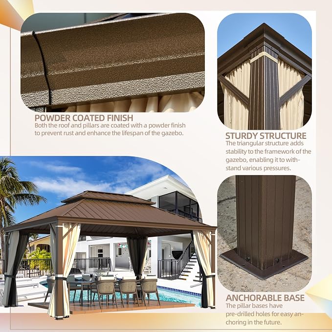 12'x16' Hardtop Gazebo, Wood Grain Aluminum Frame Outdoor Gazebo - Image 7