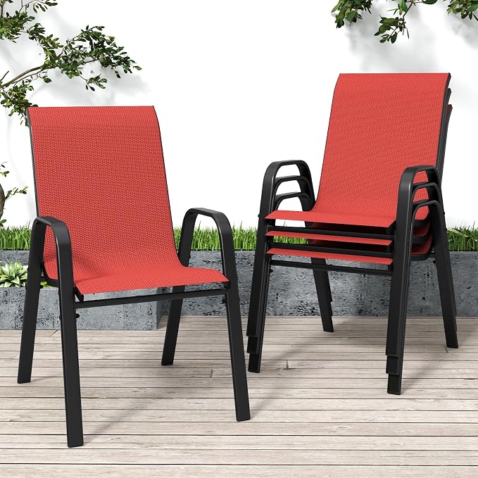 Red Patio Chairs Set of 4, Stackable Outdoor Dining Chairs by Vimstora