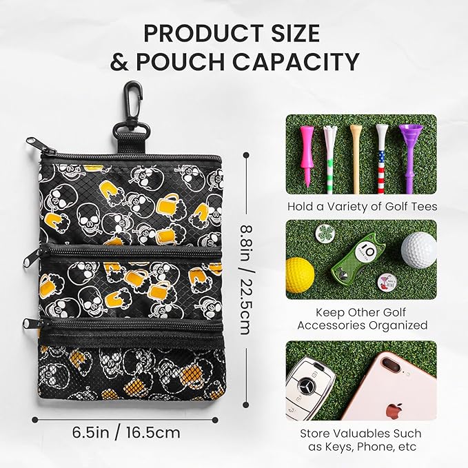 FINGER TEN Golf Pouch Bag for Valuables Tee Color with 4 Golf Pencil Pack, Zippered Pocket Gear Clip Hook to Bag