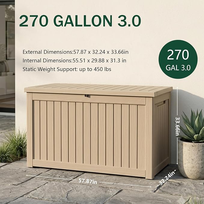 Outdoor Storage Box, 270 Gallon Waterproof Deck Box, Super-Sized Gas-Spring - Image 2