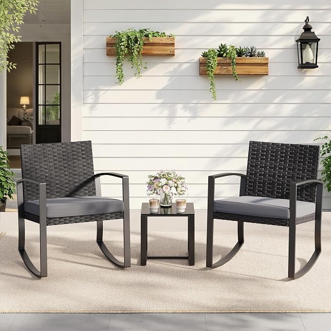 Qsun 3 Pieces Patio Furniture Set Rocking Bistro Set Outdoor Rattan Conversation - Image 6