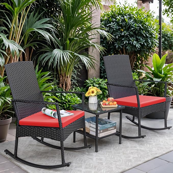 Greesum 3 Pieces Patio Furniture Set Outdoor Wicker Rocking Chairs - Image 2