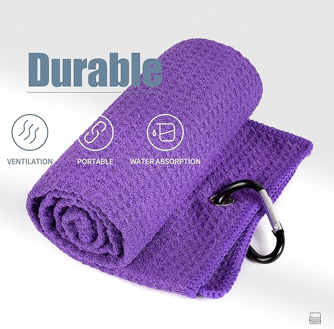 Mile High Life Microfiber Golf Towel, 21" X 24", Waffle Pattern w Clip, Super Absorbent Tri-fold Large Towels, Golf Bag Accessories for Men & Women（Purple）
