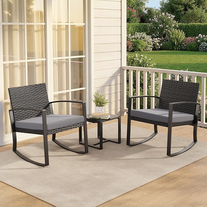 Qsun 3 Pieces Patio Furniture Set Rocking Bistro Set Outdoor Rattan Conversation - Image 8