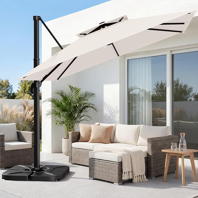 12×12 FT Double-Top Cantilever Patio Umbrella, Ivory | Square Offset Umbrella by AreShark