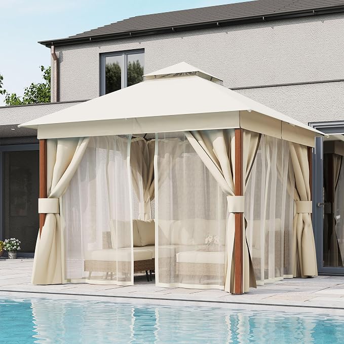 10'x10' Outdoor Gazebo, Wood Grain Frame Heavy Duty Patio Canopy Tent Shelter - Image 3