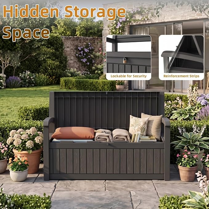 Garden Bench, Outdoor Storage Bench, Resin Patio Furniture Seating | - Image 5