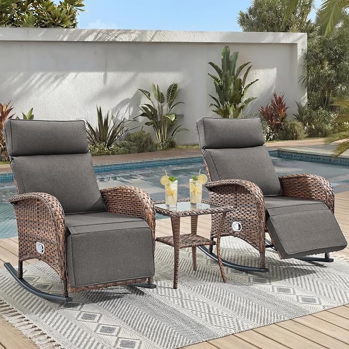 3 Pieces Zero Gravity Wicker Patio Rocking Recliner Chairs Set of 2 by JelwalyPatioFurnitureSet